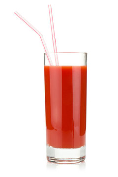 Tomato Juice In Glass With Two Drinking Straws