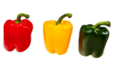 Three peppers red, green and yellow over white background.