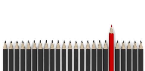 Leadership concept - row of gray pencils with red one