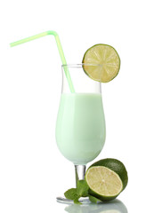 Milk shake with lime and mint isolated on white