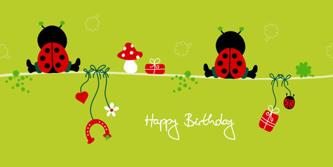 2 Sitting Ladybugs & Symbols "Happy Birthday" © Jan Engel