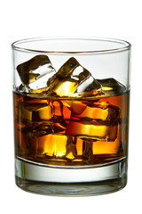 Whiskey with ice cubes in glass