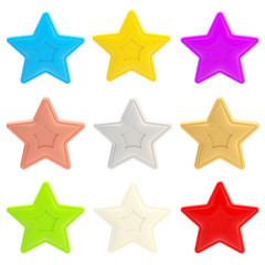 Set of nine colorful glossy stars isolated