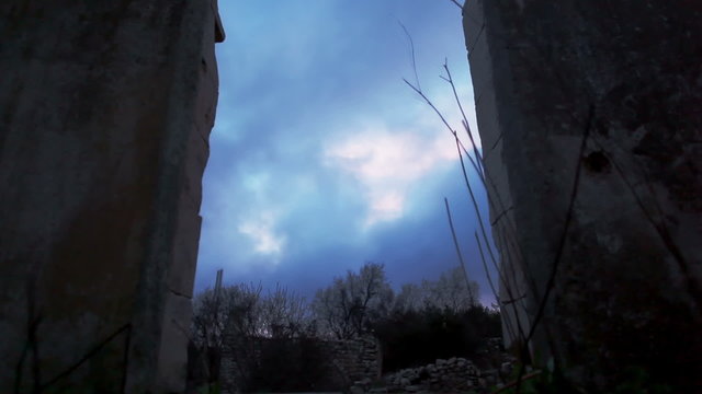 Stock Video Footage of moving storm clouds at the Bar'am ruins in Israel.