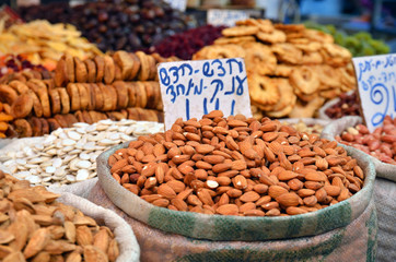 almonds in big bag and dry friuts on the market