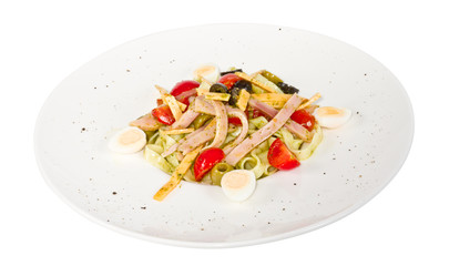 photo of delicious pasta (tagliatele) with bacon and tomatoes