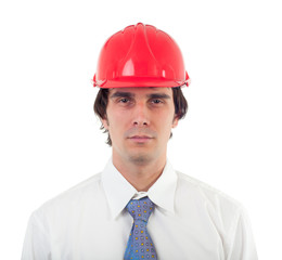 Portrait of engineer wearing shirt, tie and red helmet