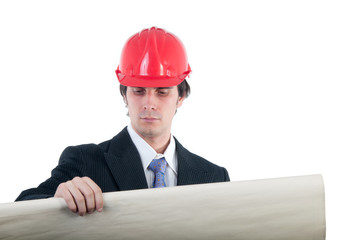 Portrait of engineer wearing shirt, tie and red helmet