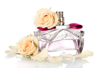 Women's perfume in beautiful bottle on white background