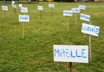 prénoms d'enfants sur des pancartes plantées