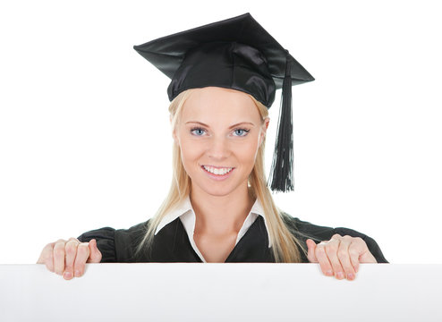 Female Graduate Student Presenting Empty Board