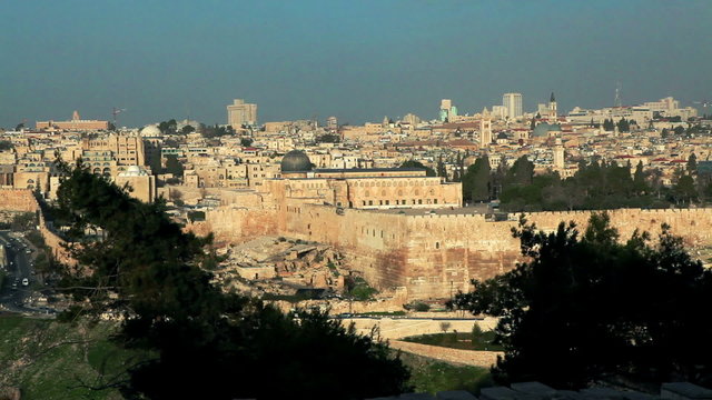 Stock Video Footage panorama of Old Jerusalem and its walls in Israel.