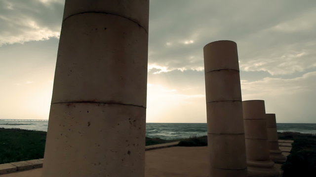 Stock Video Footage of Caesarea palace columns in Israel.