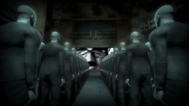 Human Cyborgs Watching Screen with Propaganda Man