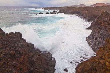 coast at Los Hervideros with huge waves in Lanzarote