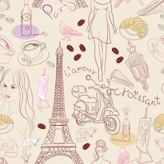 Selbstklebende Fototapete Doodle Nahtloser Hintergrund mit verschiedenen Paris-Elementen