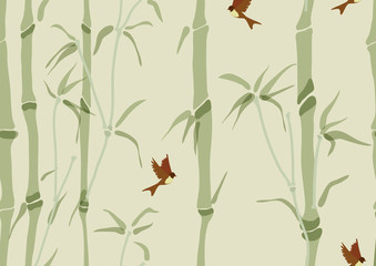 Fototapety  Bezszwowe tło z bambusem i ptakami