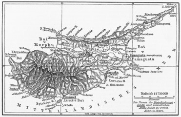 Vintage map of Cyprus at the end of 19th century