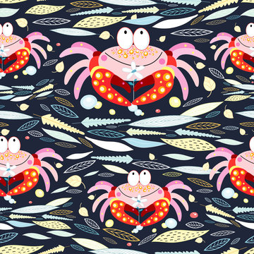 seamless pattern of leaves and crabs