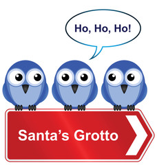 Santa Grotto sign with bird imitating Santa