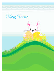 Illustration of happy Easter bunny carrying egg