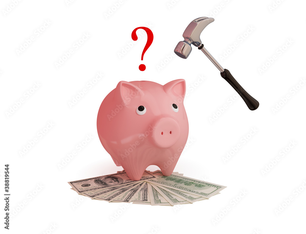 Sticker pink piggy bank, hammer,money and question sign.