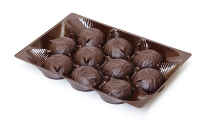 box of sweet marshmallow in chocolate on white