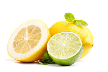 Fresh lime and lemon with mint isolated on white