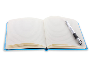 beautiful notebook and pen isolated on white