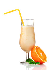 Bunch of bananas and milk cocktail isolated on white