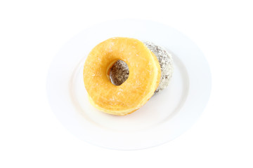 Sugar and chocolate donut  on dish on white background.