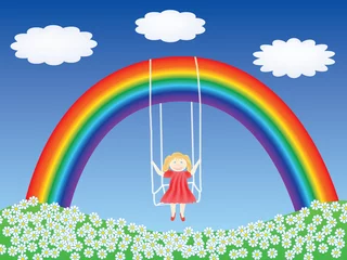 Türaufkleber Mädchen in einer Schaukel, die an der Regenbogenvektorillustration hängt © romantiche