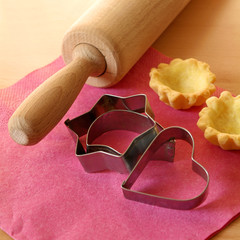 Rolling pin with baking molds,kitchen creativity concept