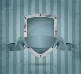 Blue security shield with ribbon on old vintage background