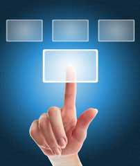 female hand pushing a button on a touch screen interface