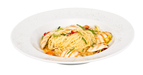 close-up of plate of pasta and chicken