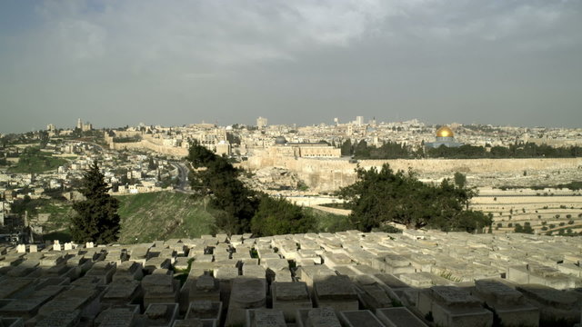 Stock Video Footage panorama of Jewish Cemetery and Old Jerusalem filmed in Israel at 4k with Red.