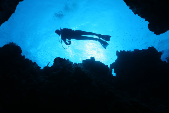 Fototapeta Silhouette of Scuba Diver  Over a Coral Reef - Cozumel Mexico