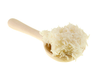 cooked rice on a wooden spoon