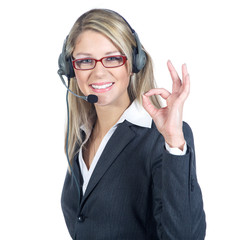 Business Frau Gesicht mit Headset und ok zeichen Porträt