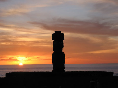 Ahu Tahai. Moai of Easter Island at dusk