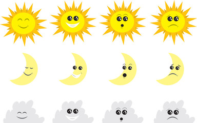 Sun moon and clouds with various expressions