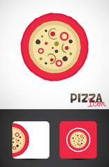 Freshly baked pizza icon with sample business cards