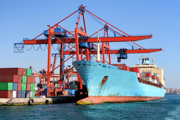 Freighter ship under loading in docks