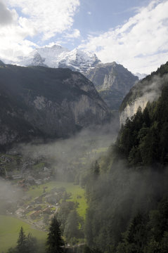 Lauterbrunnen valley under morning mist