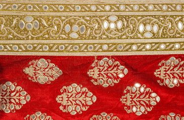 Red silk fabric , traditional textile , Rajasthan , royal India