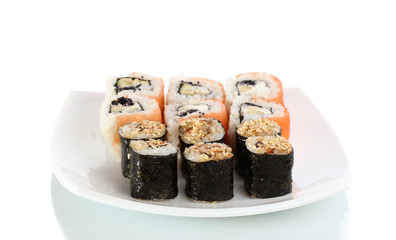 Tasty rolls served on white plate isolated on white