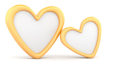 Two gold hearts isolated on white background