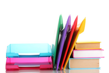 Bright office folders and books isolated on white