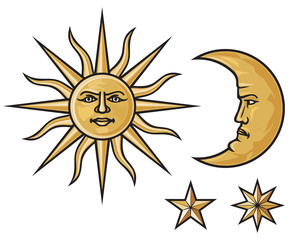 sun, crescent moon and stars